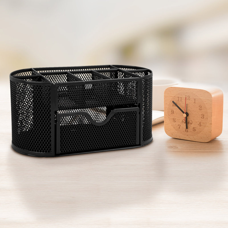 Rangement de bureau en métal noir avec 9 compartiments et un tiroir coulissant, Noir