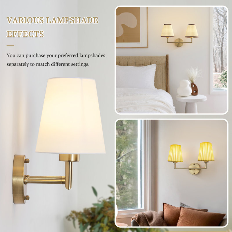 2 - Lights Brass Armed Wall Sconce With Linen Lamp Shades For Bathroom Vanity Hallway Stairway Living Room, Brass, 2