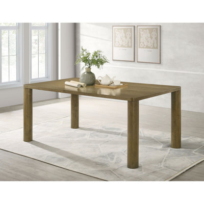 Modern Brown Oak Rectangular Table For Family Meals, Four Round Column Legs, Square Edge Profile, Seats 6 In Dining Room With Finish, Mid - Century Mo