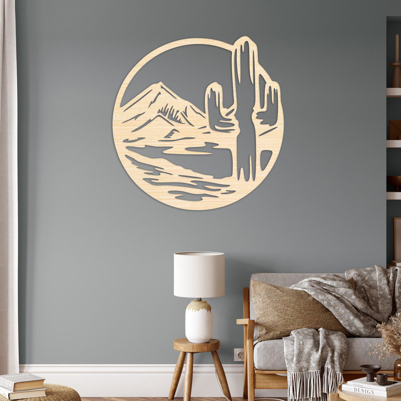 Cercle d'art mural avec montagne et cactus - ACM, H 32 po x l 31,6 po x P 0,25 po, Argent
