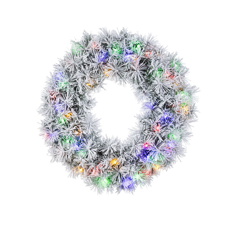 24"D Pre-Lit Snow Flocked Greenery Pine Christmas Wreath With Lights And Timer