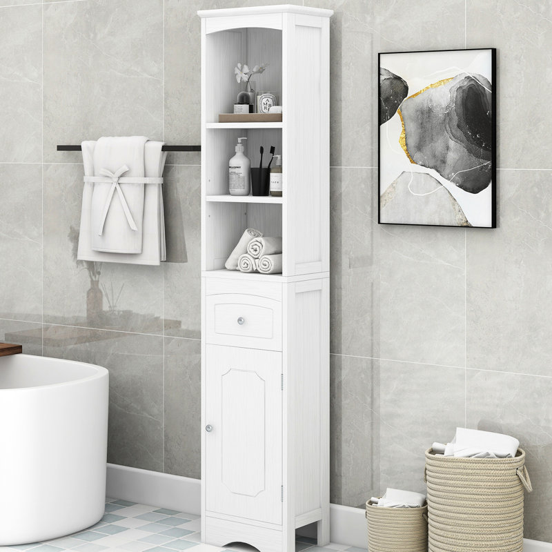 Armoire de salle de bain avec tiroir: blanc, tablette réglable, rangement autoportant de style compact - tablette et tiroir