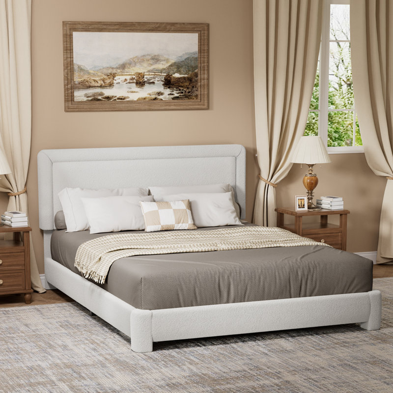 Boucle Bed Frame,Upholstered Bed Frame With Headboard, Surface Cover Soft Cloud Bed Frame Easy Assembly, No Box Spring Required