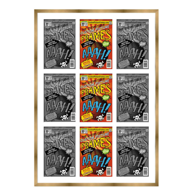 9 tapis de cadre 9 bandes dessinées pour afficher 9 bandes dessinées UV UV, support et matériel de suspension, Or / blanc