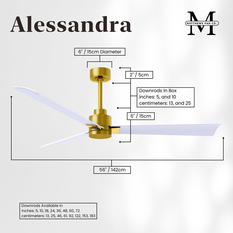 Alessandra Outdoor Downrod Ceiling Fan, Brushed Brass, Matte White