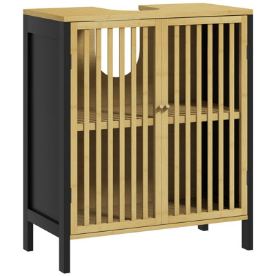 HOMCOM Under Sink Bathroom Cabinet Bamboo U-Shape Slot Natural and Black