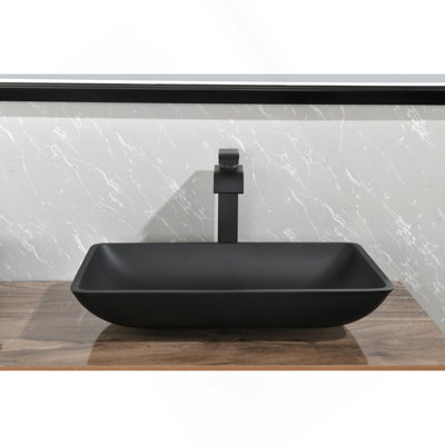 22" L -14" W - 4" H Matte Black Glass Rectangular Vessel Bathroom Sink With Faucet And Pop-Up Drain In Matte Black