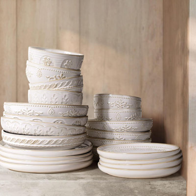 Large Ceramic Pasta Bowls Set Of 4, 50Oz Shallow Dinner Bowls For Salad, Soup, And Serving, Microwave And Dishwasher Safe White Embossed Plates, 9.75 Inches