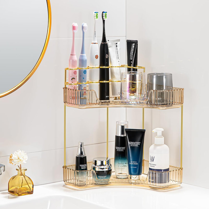 Organisateur de salle de bain d'angle à 2 niveaux avec porte-brosse intégré - rangement spacieux pour le maquillage, les soins de la peau et les parfums, conception ouverte peu encombrante convenant à un meuble-lavabo, une commode et une baignoire