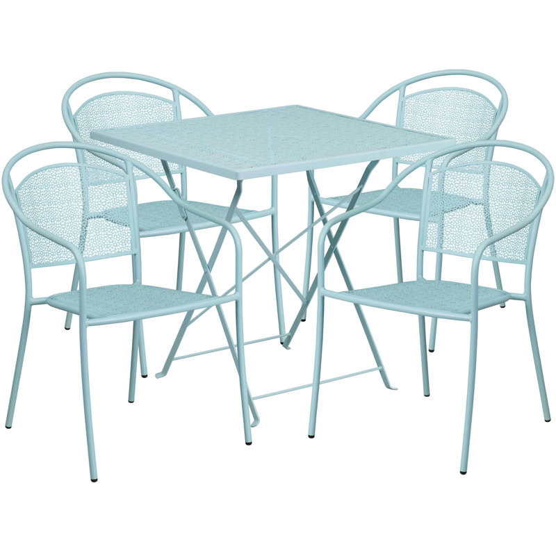 Jeffry 28'' Square Indoor-Outdoor Folding Patio Table Set with 4 Round Back Chairs, Sky Blue