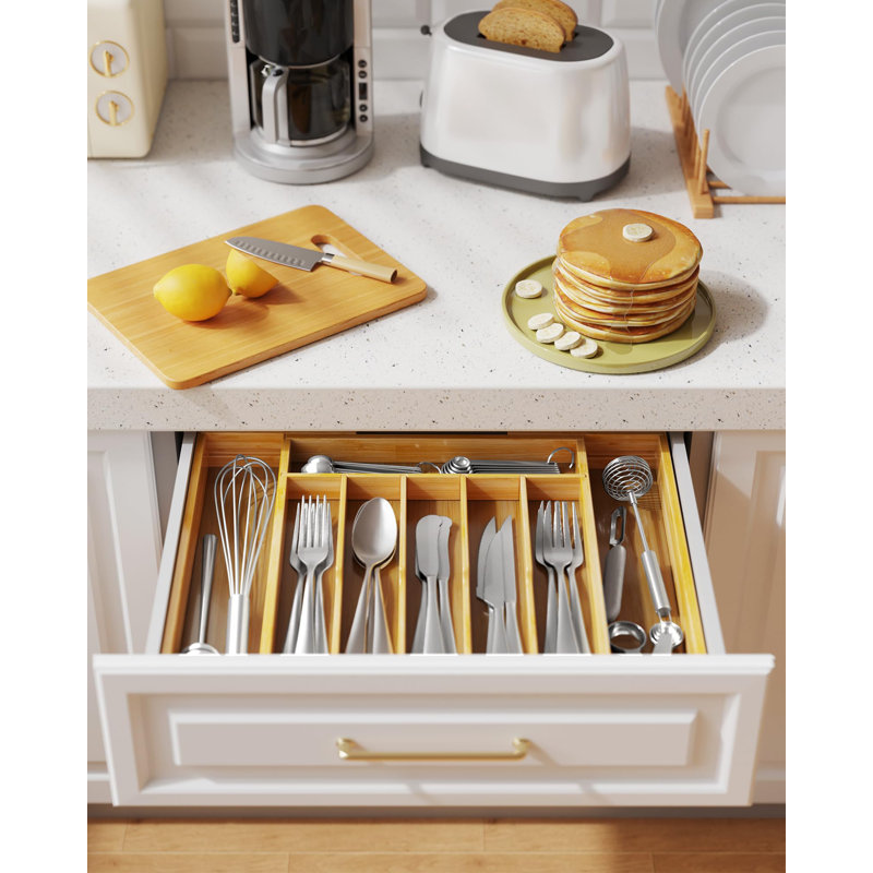 Silverware Organiser - Organisateur de tiroir de cuisine en bambou extensible pour les ustensiles de cuisine et les couverts, organisateurs de cuisine robustes et épaissis et solution de rangement, grand, naturel