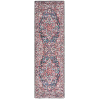 Machine Washable Oriental Blue/Brick Red Area Rug