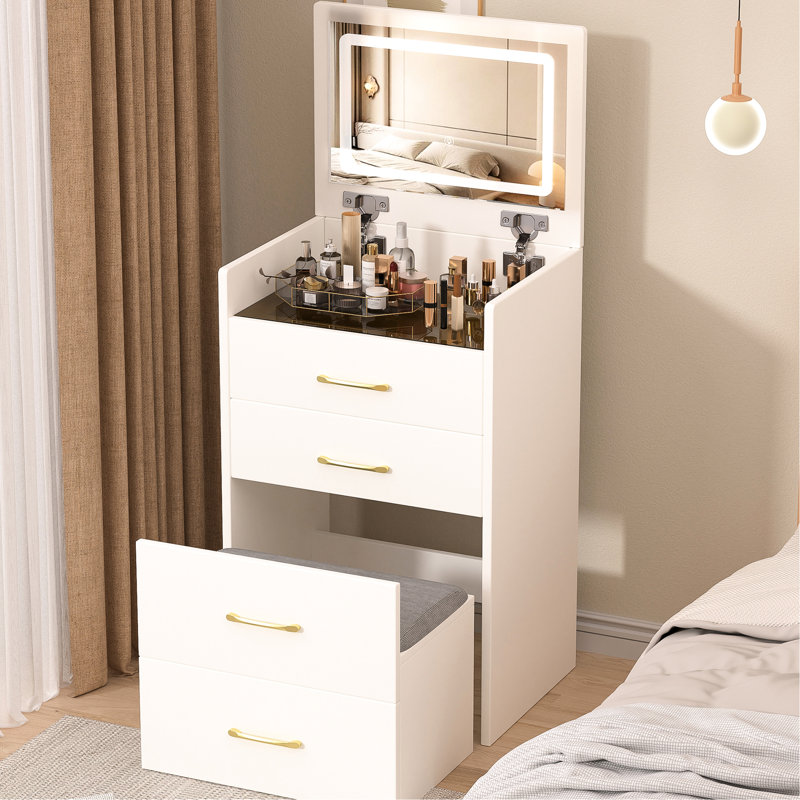 Compact Vanity With Soft Cushion And Bearing Drawers - White 3 In 1 Desk Flip-Up Mirror, Glass Visible Tabletop, Drawer Bedroom Vanity, Storage