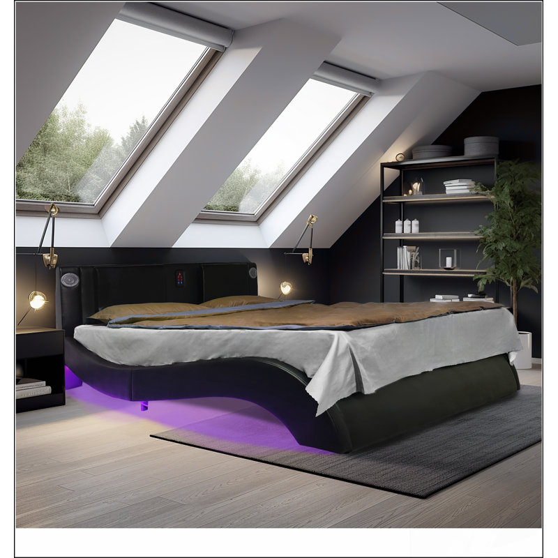 Structure de lit plateforme tapissier avec DEL, contrôle de la musique Bluetooth et massage par vibration pour un confort et une détente ultimes