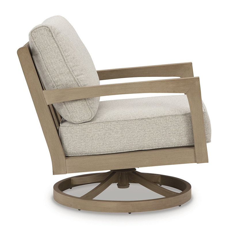 Blond Wood Outdoor Swivel Lounge Chair with Cushions