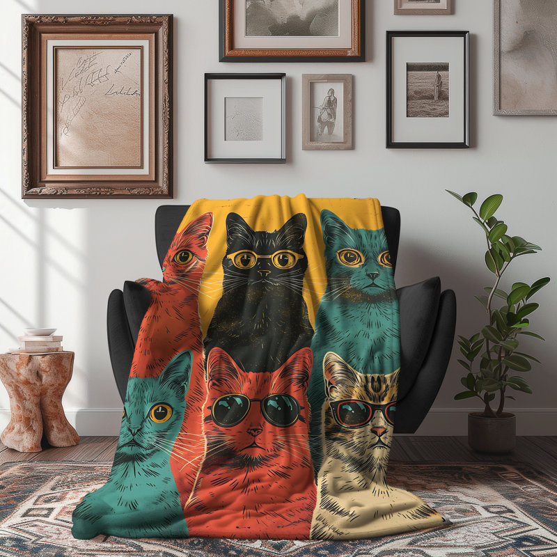 Funky Feline Extravaganza - couverture sherpa de qualité supérieure 1 pièce - reproduction d'art luxueuse, Grand lit