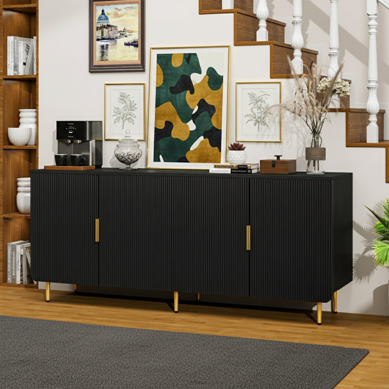 65" Fluted Sideboard Buffet Cabinet with 4 Doors and Adjustable Shelves , Black