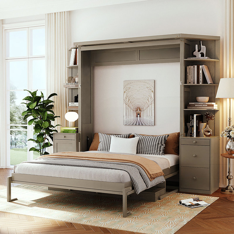 Grand lit escamotable avec bureau, tablettes de rangement et armoires, Gray