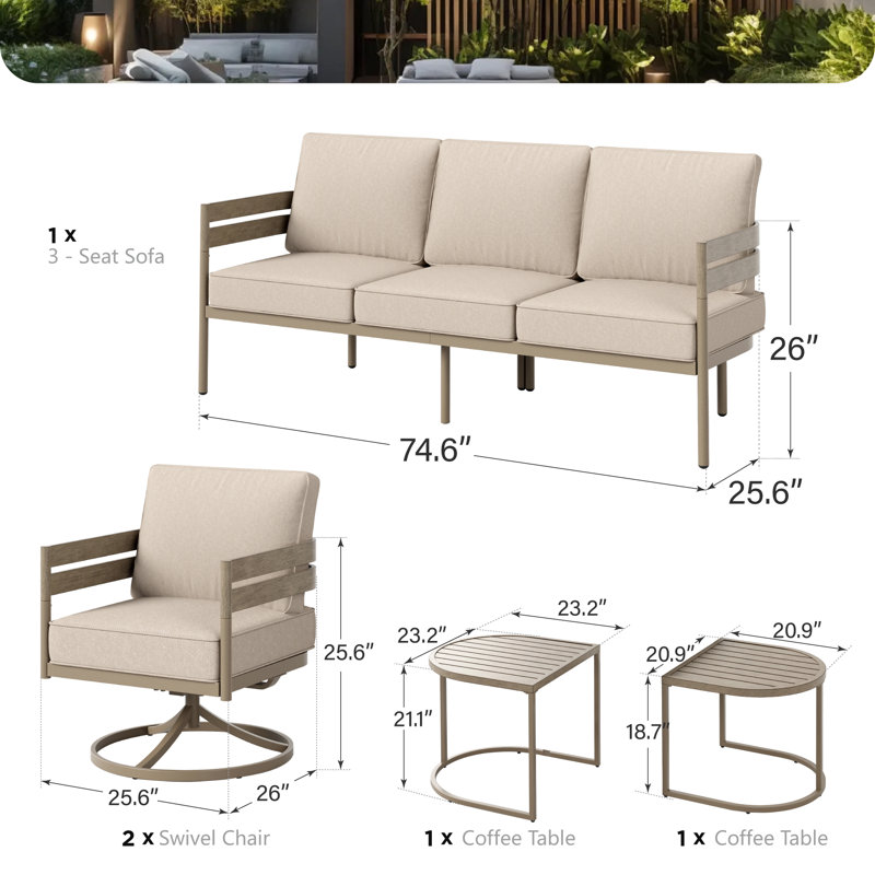 4-Piece Swivel Patio Seating Set – Outdoor Sofa, Swivel Chairs & Nesting Tables
