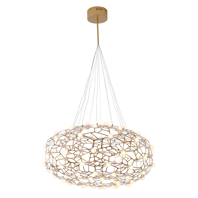 Lustre 90 lumières DEL dorées à intensité variable avec diffuseurs en acrylique blanc
