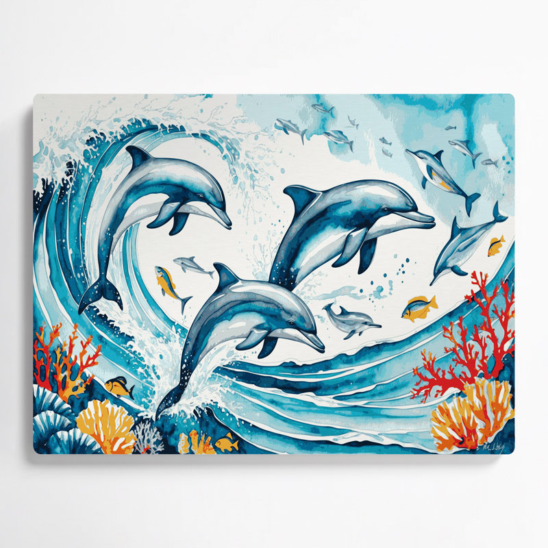 «Hawaiian Dolphins», art mural en métal bleu
