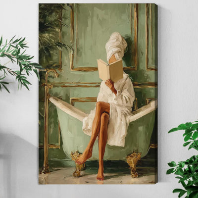 1pc Framed Canvas Wall Art Prints Poster, Luxury Bathroom Relaxing Bathtub Reading Art Posters Canvas Print Painting for Living Room Bedroom Office Bathroom Dorm Home Decor, Ready To Hang