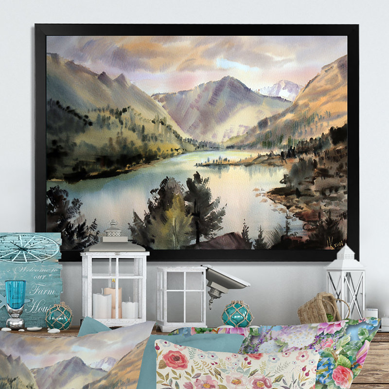 «River Thorugh The Mountains Landscape», reproduction sur toile flottante, Cadre noir, H 8 po x l 12 po x P 1 po