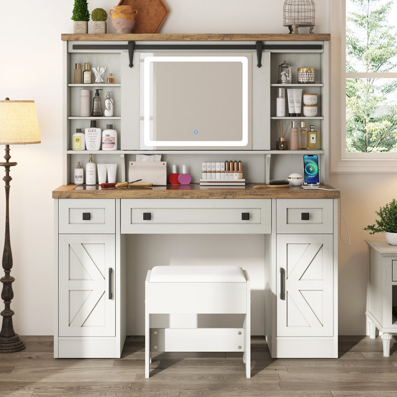 Chimira Farmhouse Makeup Vanity Desk with Sliding Mirror, White, White