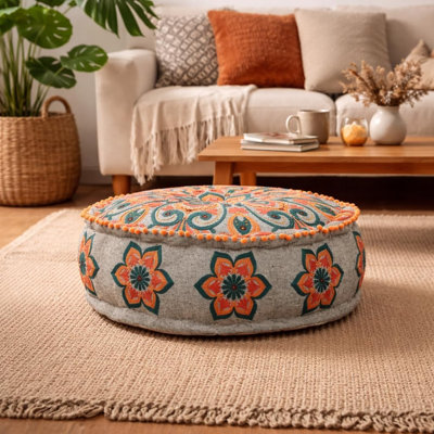 Mandala Pouf Ottoman with Pompoms 24x8 inches | Embriodered Floor Pouf with Flower Design