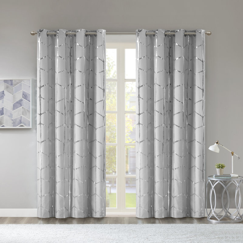 Grey/Silver Geometric Blackout Polyester Grommet Curtains, 50"x84" Set of 2