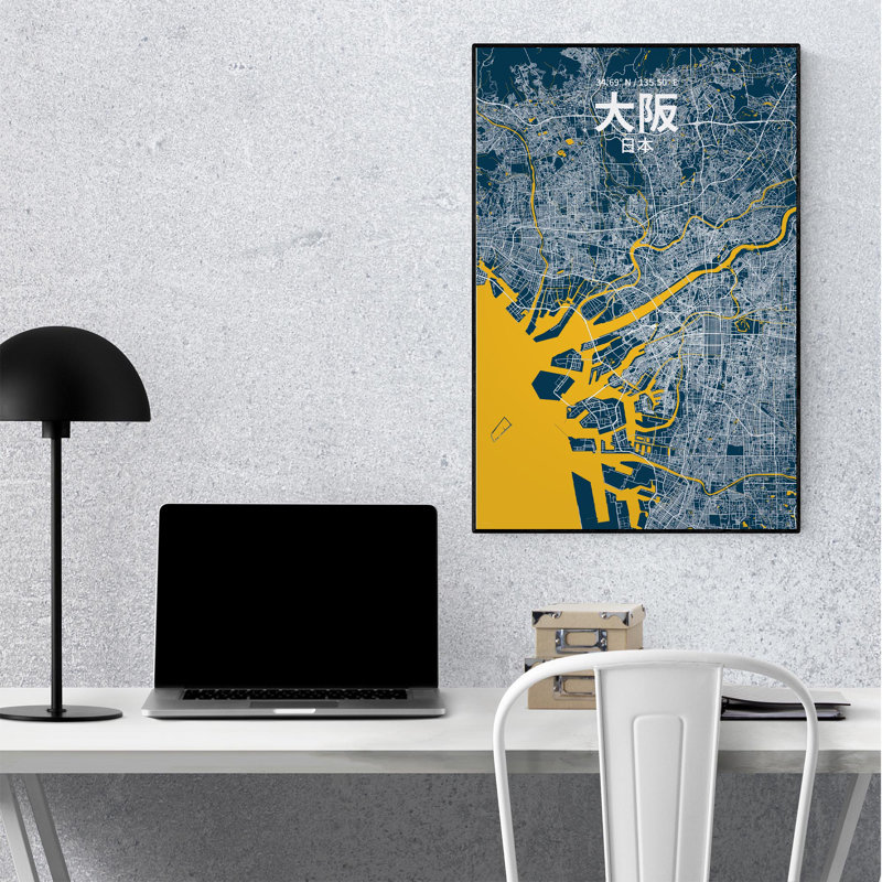 Osaka (japonais), carte de la ville en impression de luxe, H 36 po x l 24 po, Bleu / Jaune