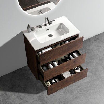 Meuble-lavabo de 30 po en noyer avec lavabo avec 3 trous de robinet, grand meuble-lavabo autoportant pour salle de bain moderne, lavabo blanc une pièce sans drain et robinet, pré-assemblé