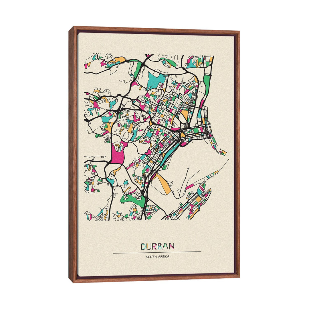 Durban, South Africa Map by Ayse Deniz Akerman - Floater Frame Print on Canvas