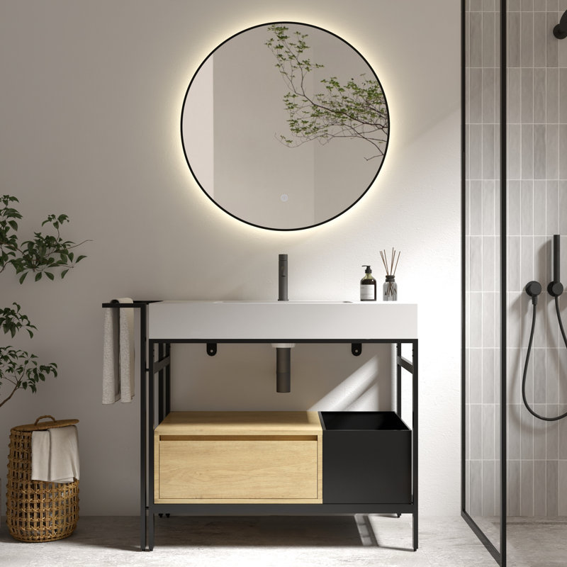 Meuble-lavabo de style industriel de 91 cm (36 po) avec lavabo en pierre artificielle sans joint, tiroir à fermeture douce et quincaillerie, compatible avec un cadre métallique modulaire de 91 cm (36 po), barre porte-serviettes réglable, poignées dissimulées, idéal