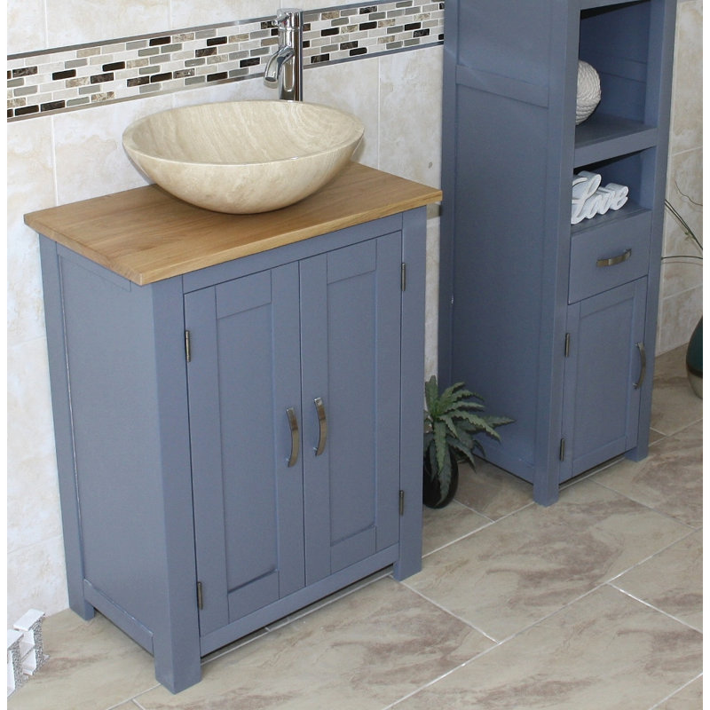 Cowen 650mm Single Bathroom Vanity with Vessel St1 Basin, Travertine, Grey, Oak