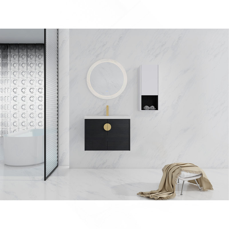 Meuble-lavabo mural 28 po avec lavabo en céramique et armoire latérale, armoire à portes à fermeture douce 28 po