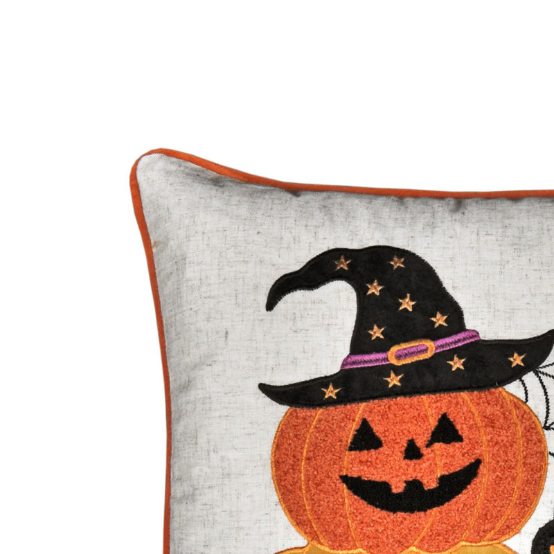 Coussin décoratif carré, pile de chat et de citrouille, tissu d'aspect lin ivoire 20 po