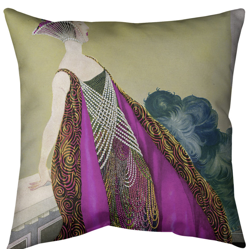 Housse de coussin Art Nouveau, 20 po x 20 po, Jaune / magenta, Sergé de coton