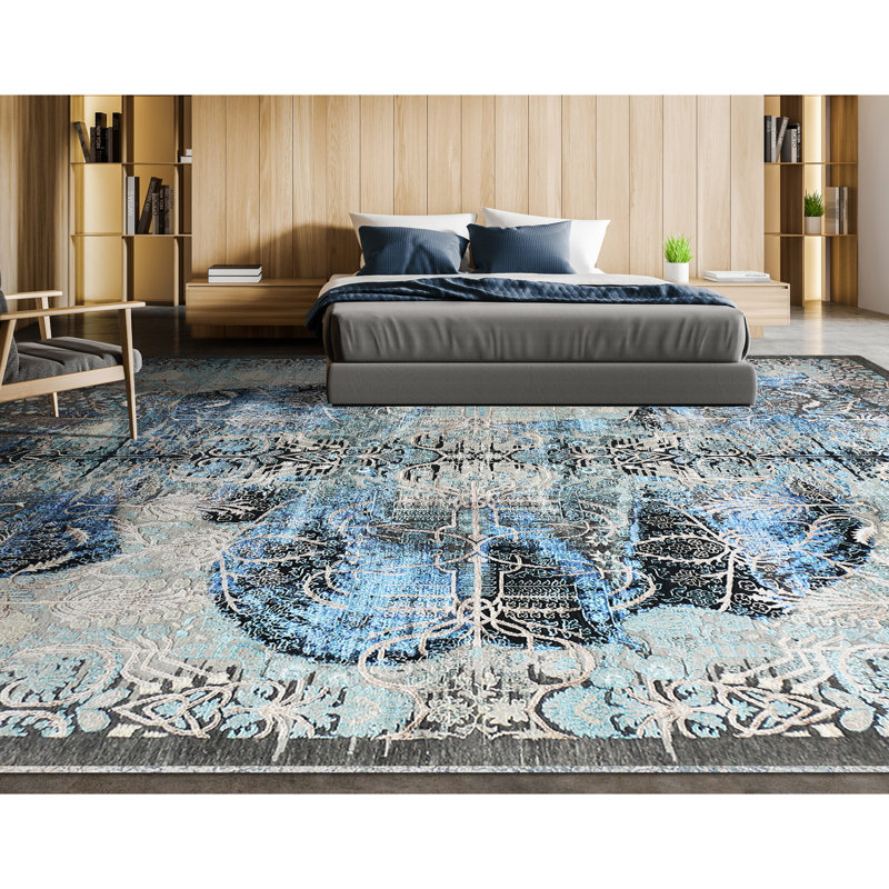 Hand Knotted Damask Area Rug in Blue/Gray/Black, Rectangle 9' x 12'