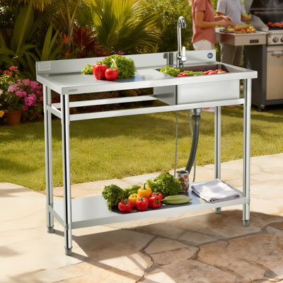 Stainless Steel Utility Sink, Free Standing Single Bowl Commercial Kitchen Sink with Faucet, Utility Left Basin Workbench with Hot & Cold Water Pipe for Garage Restaurant Laundry, 47x19.7x37 in