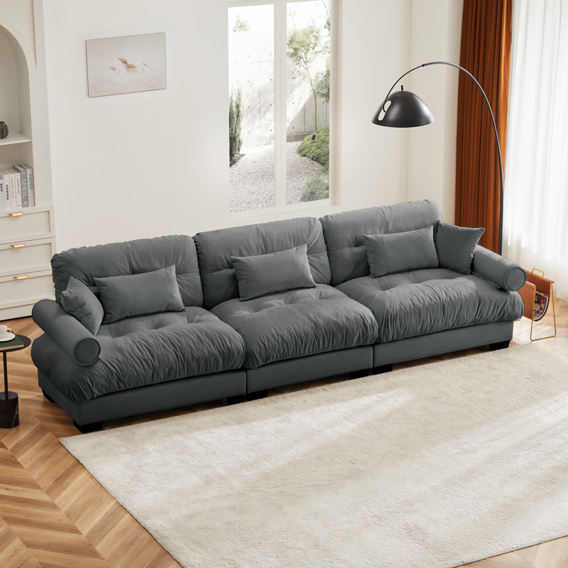 Canapé modulaire en velours 3 places avec coussins Frederick, H 33,4 po x l 130 po x P 37 po, Velours gris velours