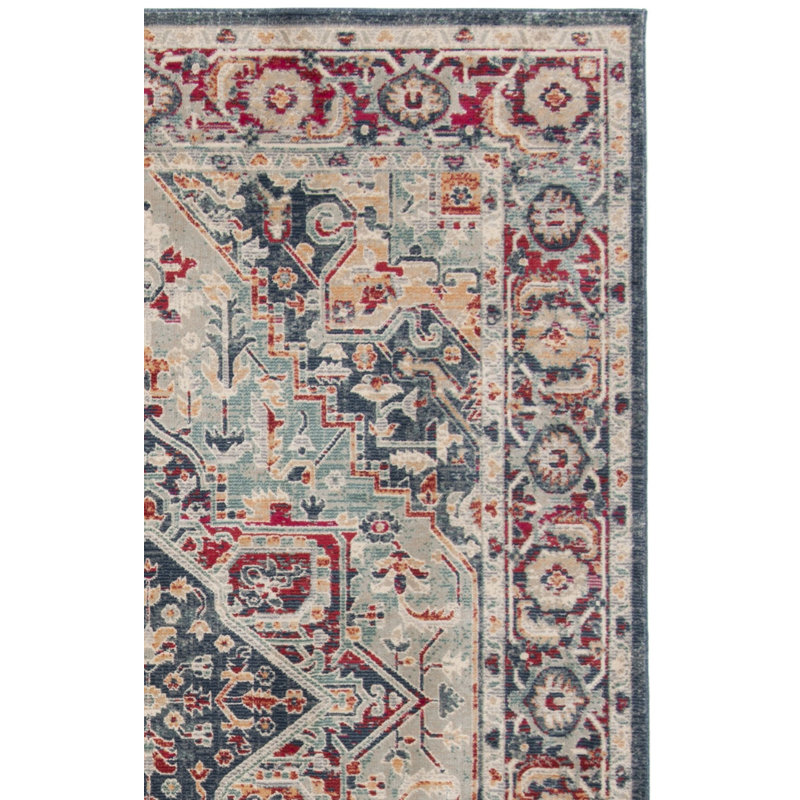 Doucet 300 Pes/Cotton/Pp/Latex Oriental Rug in Navy/Aqua, Rectangle 5' x 7'