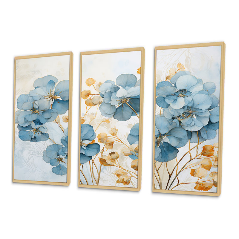 «Elegant Gold and Blue Pansy Petals I - Pansies», ensemble d'art sur toile, Cadre naturel flottant