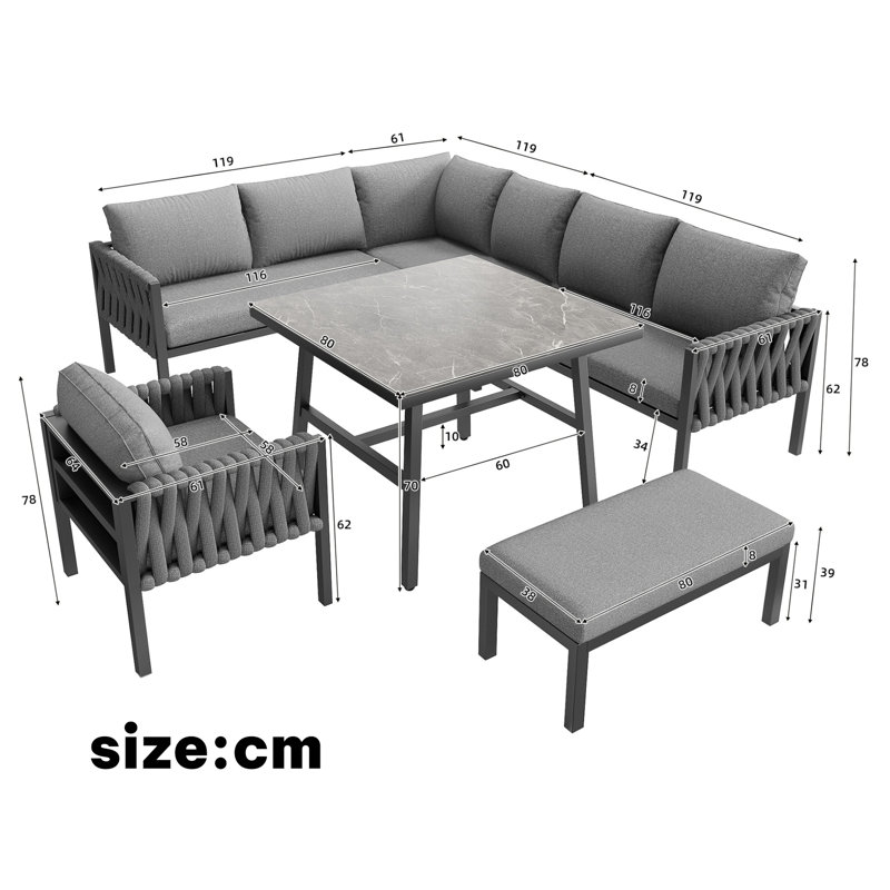 Rynley 238cm Wide L-Shaped Metal Patio Sectional Set, Grey Cushion/Black Frame
