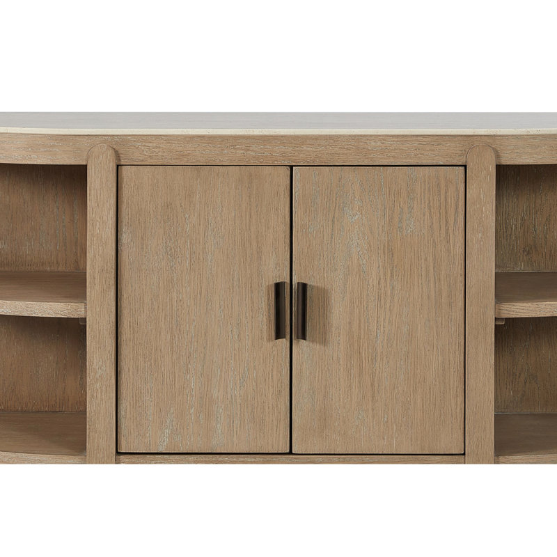Élégante console incurvée à 2 portes, plateau en marbre, devant, rangement à deux portes, tablettes latérales, côtés en bois de caramel lisse et subtil, ton ouvert ouvert caché