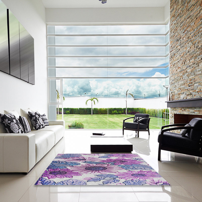 Tapis mauve / bleu à motif floral Sufyan, Carré 6 pi