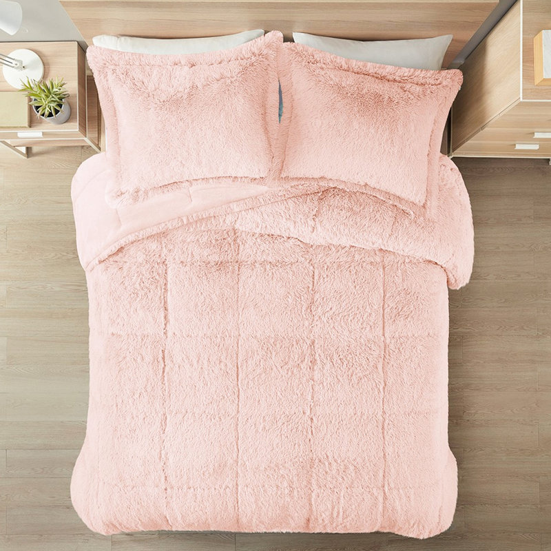 Édredon simple / simple TG avec fourrure à poils longs - Revers chaud et rosé pour rafraîchir
