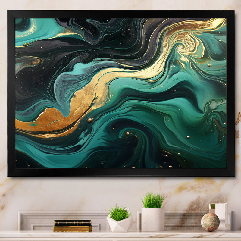 Abstrait vert et or, rivière Marble III - art abstrait sur toile marbrée, Cadre d'angle fermé noir