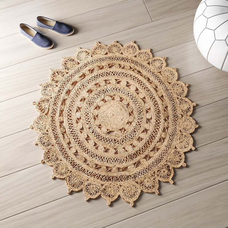 Tapis géométrique en jute / sisal tissé à plat à la main Cosmas, Rond 8 pi