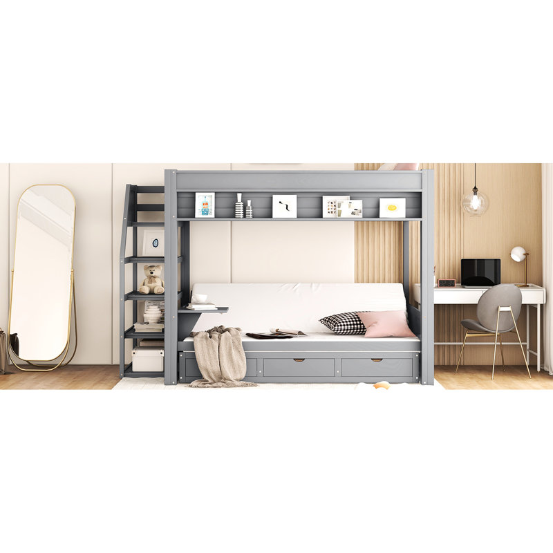 Lit superposé en bois avec rangement, 3 tiroirs, escalier gris et table de chevet, rangement, Gris